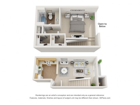 a stylized floor plan with a bedroom and a living room